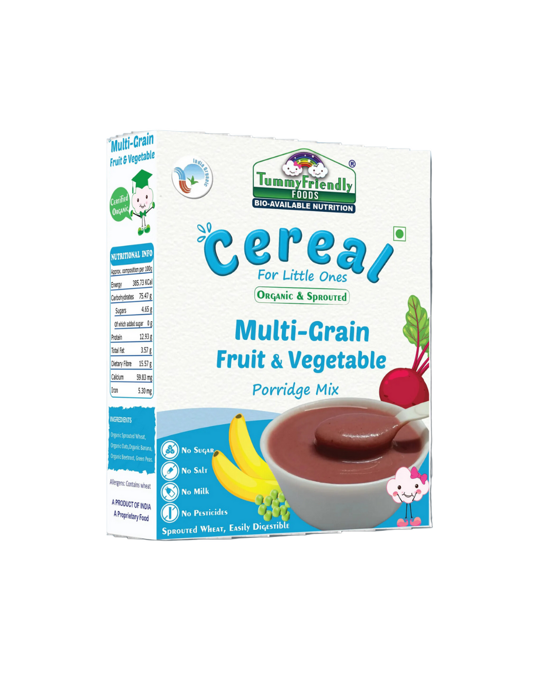 TummyFriendly Foods Certified Organic Sprouted Multi Grain Fruit Vegetable (Sprouted Wheat, Oats, Banana, Beetroot, Green Peas) Porridge Mix | Organic Baby Food For 8 Months Old | Made of Sprouted Whole Wheat | 200g Cereal (200 g, 8+ Months) - EarthBased