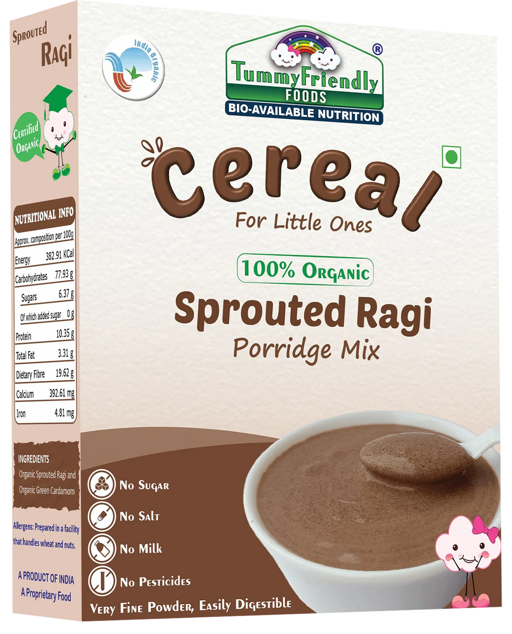 TummyFriendly Foods Certified Organic Sprouted Ragi Porridge Mix | Made of Organic Sprouted Ragi for Baby| Rich in Calcium, Iron, Fibre & Micro-Nutrients | 200g Cereal (200 g) - EarthBased