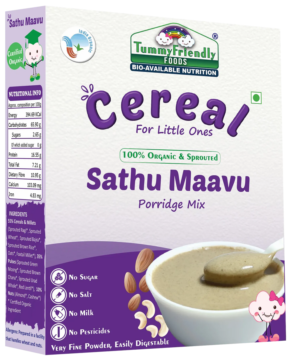 TummyFriendly Foods Certified Organic Sprouted Sathu Maavu Porridge Mix |Made of Sprouted Ragi, Whole Grains, Pulses & Nuts | Rich in Protein & healthy-Fat For Baby Weight Gain| 200g Cereal - EarthBased