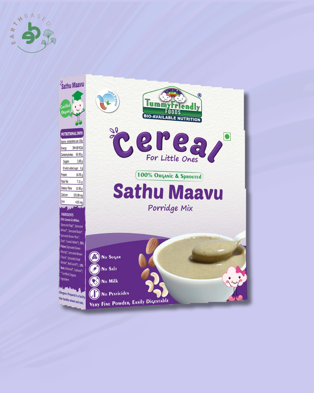 TummyFriendly Foods Certified 100% Organic Sprouted Sathu Maavu Porridge Mix ,Made of Sprouted Ragi, Whole Grains, Pulses & Nuts , Rich in Protein & healthy-Fat For Baby Weight Gain, 200g Each, 2Packs Cereal (400 g, Pack of 2) - EarthBased