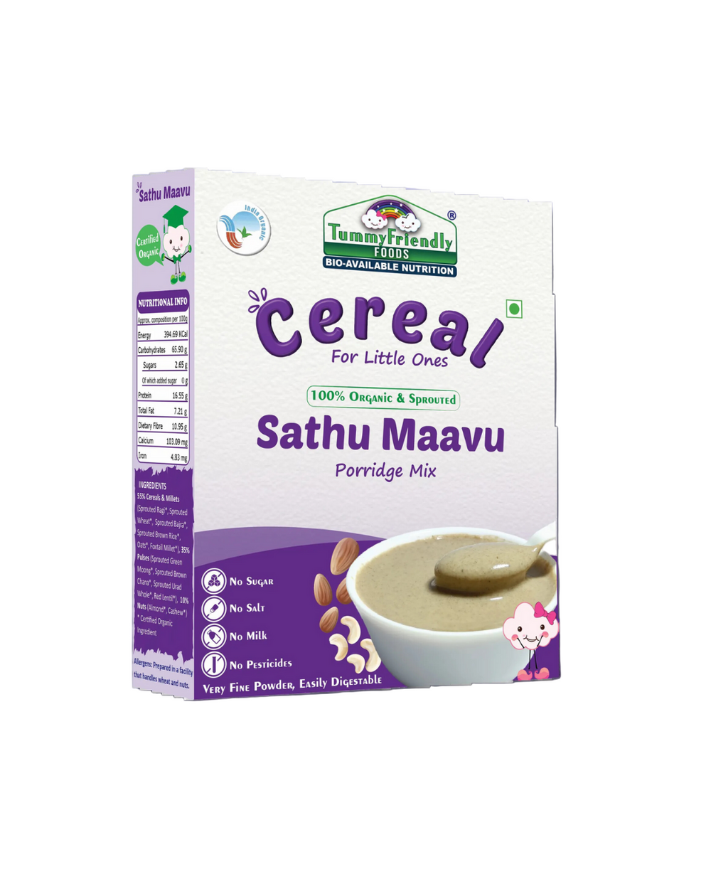 TummyFriendly Foods Certified 100% Organic Sprouted Sathu Maavu Porridge Mix ,Made of Sprouted Ragi, Whole Grains, Pulses & Nuts , Rich in Protein & healthy-Fat For Baby Weight Gain, 200g Each, 2Packs Cereal (400 g, Pack of 2) - EarthBased