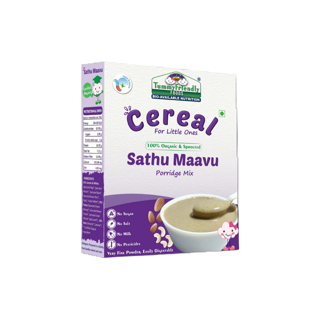 TummyFriendly Foods Certified Organic Sprouted Sathu Maavu Porridge Mix |Made of Sprouted Ragi, Whole Grains, Pulses & Nuts | Rich in Protein & healthy-Fat For Baby Weight Gain| 200g Cereal - EarthBased
