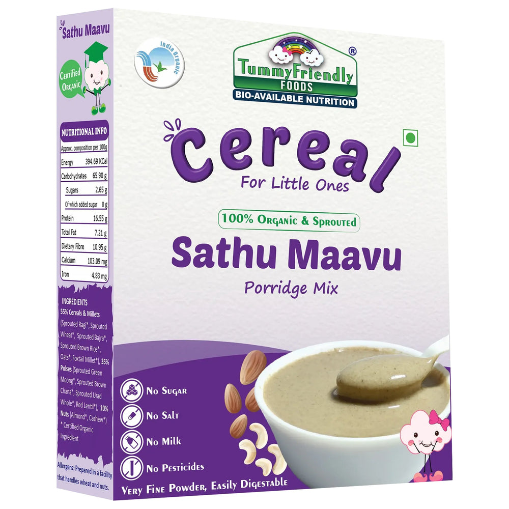 TummyFriendly Foods Certified Organic Sprouted Sathu Maavu Porridge Mix |Made of Sprouted Ragi, Whole Grains, Pulses & Nuts | Rich in Protein & healthy-Fat For Baby Weight Gain| 200g Cereal - EarthBased