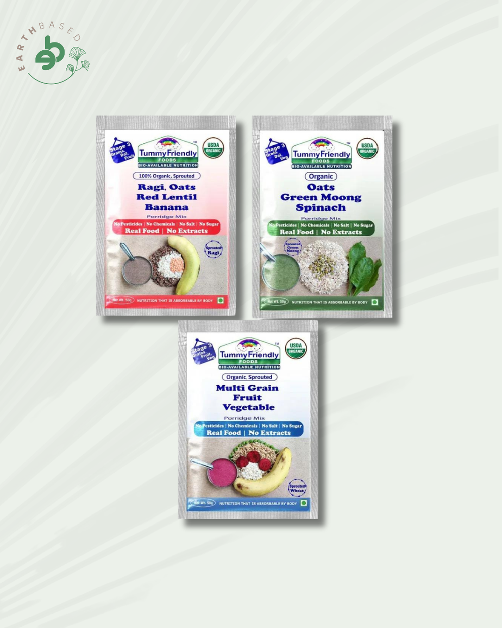 TummyFriendly Foods Certified Stage3 Porridge Mixes Trial Packs - Ragi, Oats, MultiGrain |Organic Baby Food for 8 Months Old Baby |3 Packs, 50g Each Cereal (150 g, Pack of 3) - EarthBased