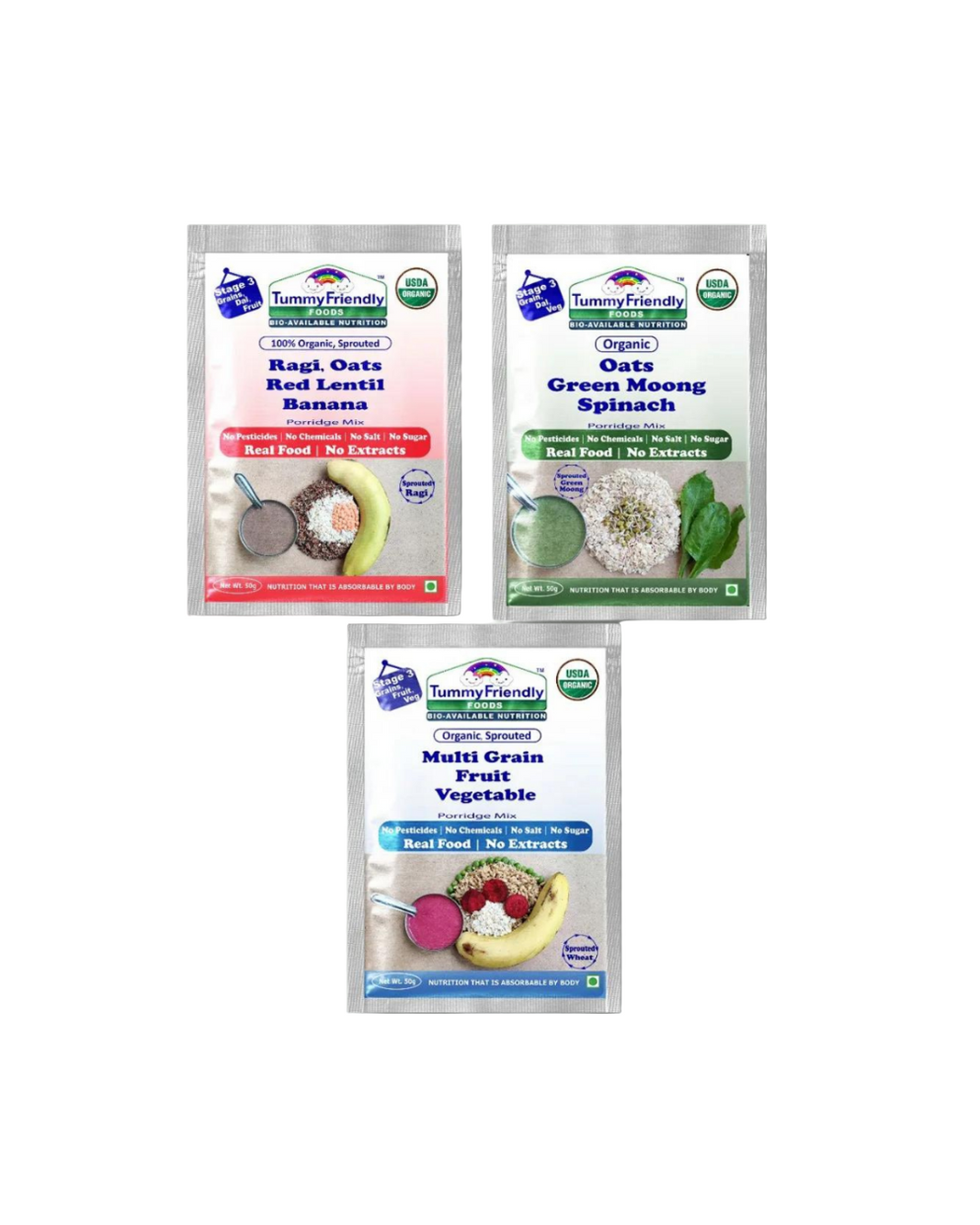 TummyFriendly Foods Certified Stage3 Porridge Mixes Trial Packs - Ragi, Oats, MultiGrain |Organic Baby Food for 8 Months Old Baby |3 Packs, 50g Each Cereal (150 g, Pack of 3) - EarthBased