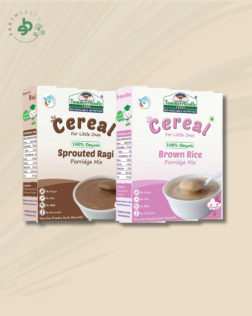 TummyFriendly Foods Certified Stage1 Porridge Mixes | Organic Baby Food for 6 Months Old Baby | Ragi, Brown Rice - 2 Packs, 200g Each Cereal (400 g, Pack of 2) - EarthBased
