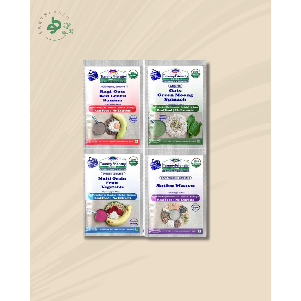 TummyFriendly Foods Certified Stage3 Porridge Mixes Trial Packs - Ragi, MultiGrain, Oats, Sathu Maavu | Organic Baby Food for 8 Months Old Baby |4 Packs, 50g Each Cereal (200 g, 2 x Pack of 4) - EarthBased
