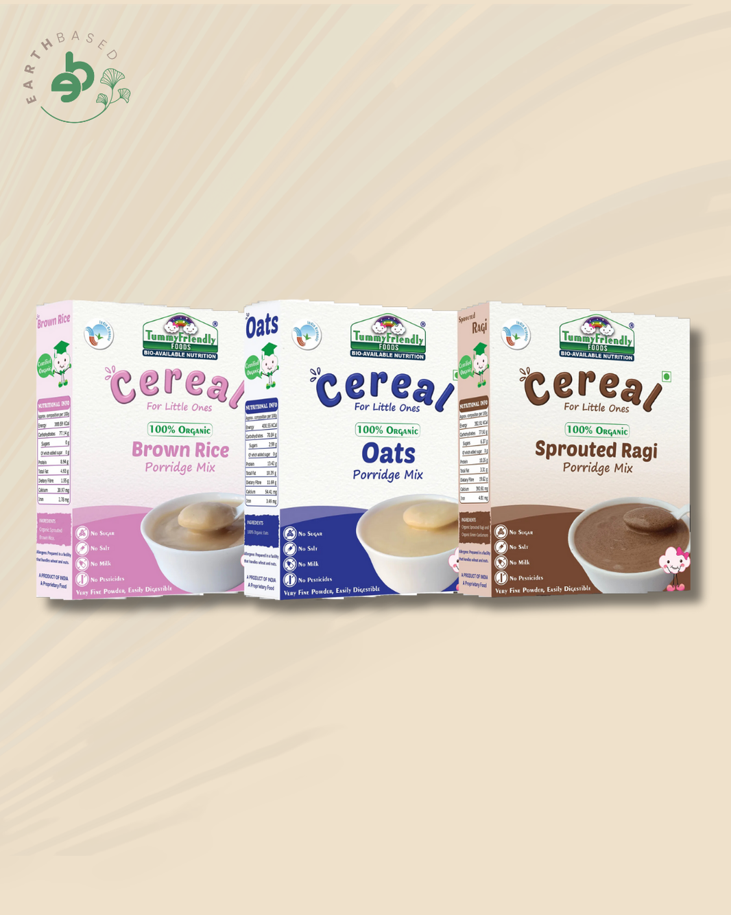 TummyFriendly Foods Certified Organic Stage1 Sprouted Porridge Mixes Combo Pack| Sprouted Ragi, Sprouted Brown Rice and Oats | 200g Each, Cereal (600 g, Pack of 3) - EarthBased