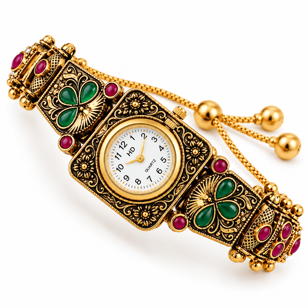 Kashmiri Antique Square Bracelet Watch with carved antique-gold case