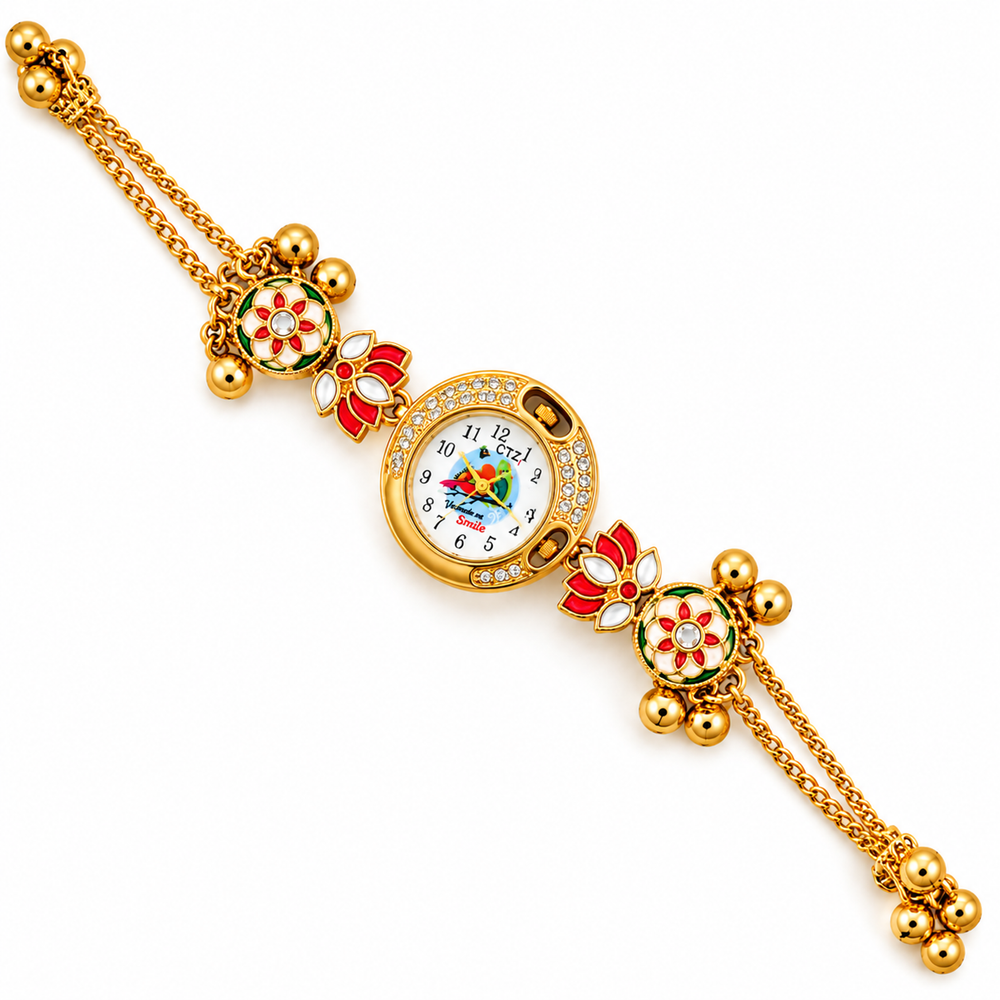 Kashmiri Meenakari Lotus Bracelet Watch with bird-print dial