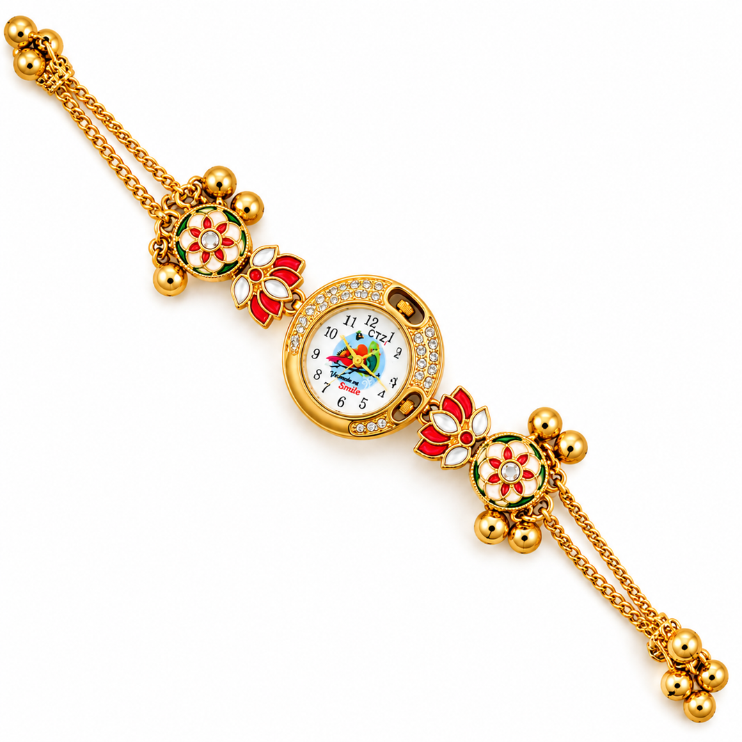 Kashmiri Meenakari Lotus Bracelet Watch with bird-print dial