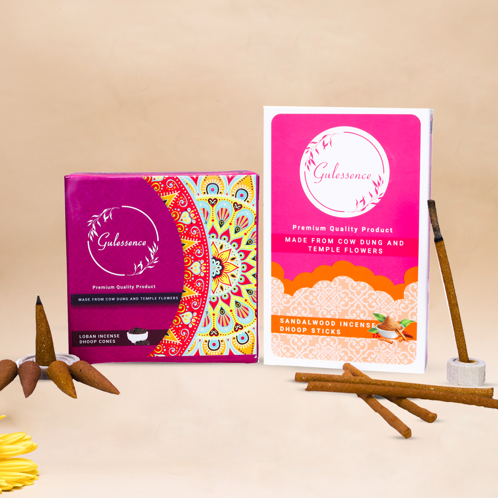 Loban Dhoop cones & Sandalwood Dhoop Sticks - Made From Cowdung & Temple Flowers | Gulessence - EarthBased