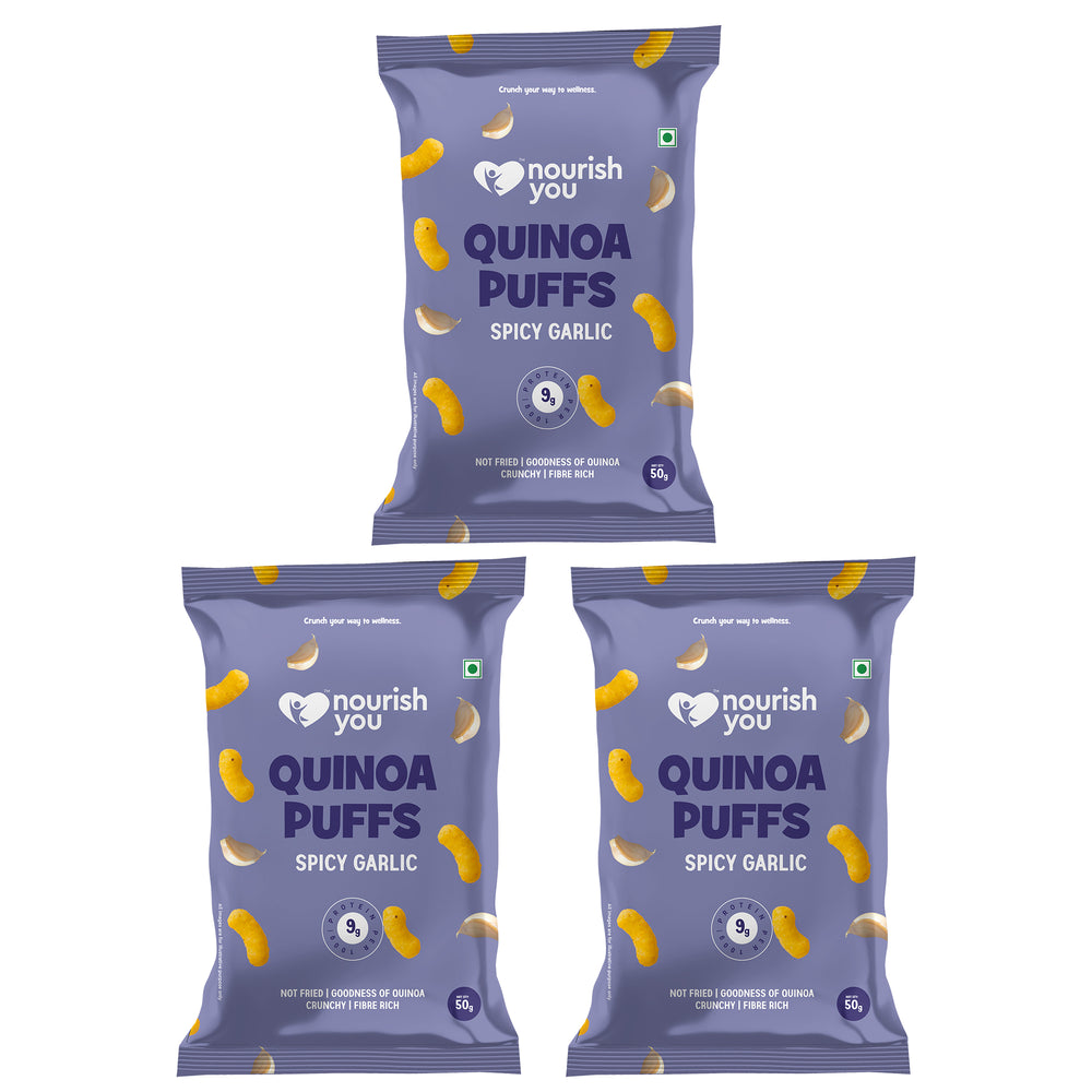 Nourish You Quinoa Puffs, Spicy Garlic flavour 50g - Healthy Baked Snacks. | Pack of 3 - EarthBased