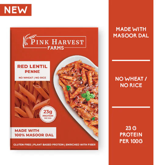 Pink Harvest Farms Red Lentil Pasta | No Rice - No Maida | Vegan | Gluten Free | High Protein | (Red Lentil Penne Pasta - EarthBased