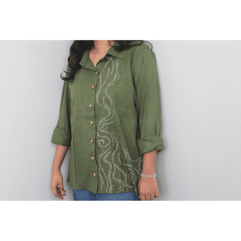 Olive Green pure cotton shirt with hand painted details for women