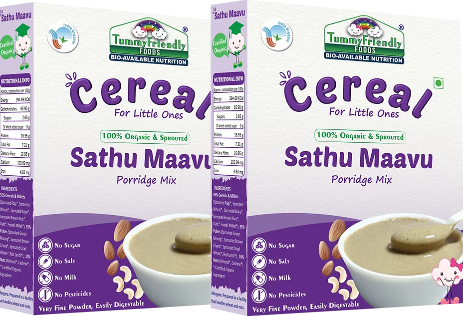 TummyFriendly Foods Certified 100% Organic Sprouted Sathu Maavu Porridge Mix ,Made of Sprouted Ragi, Whole Grains, Pulses & Nuts , Rich in Protein & healthy-Fat For Baby Weight Gain, 200g Each, 2Packs Cereal (400 g, Pack of 2) - EarthBased