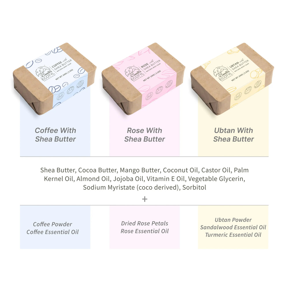 Ecotyl Shea Butter Soaps - Ubtan, Rose & Coffee - Set of 3 - EarthBased