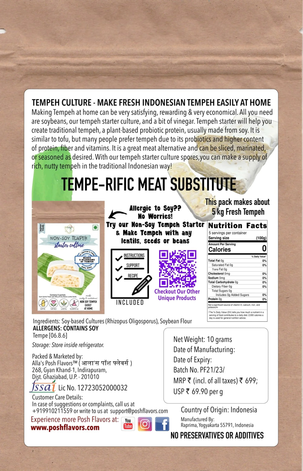 Soy-Based Tempeh Starter Culture | Make Indonesian Tempeh at Home | Easy-to-Use Instructions Included | Makes 5 Kilograms of Soy Tempeh by Posh Flavors - EarthBased