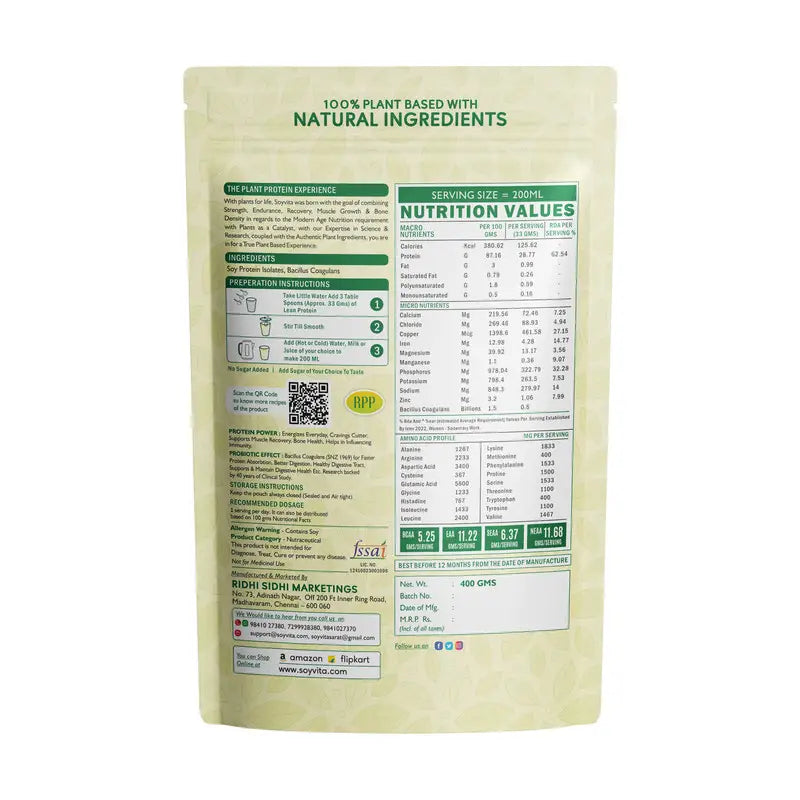 SOYVITA – LEAN PROTEIN WITH PROBIOTICS | NON DAIRY RAW PLANT PROTEIN | Serves – 12 (400 Gms) - EarthBased
