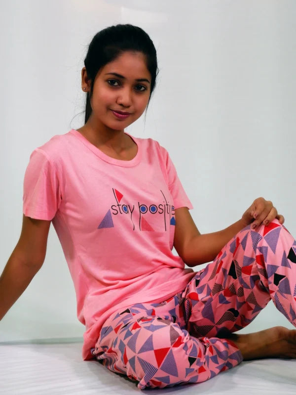 Stay Positive T-shirt & Pant Night Dress in Salmon Rose | Playout - EarthBased