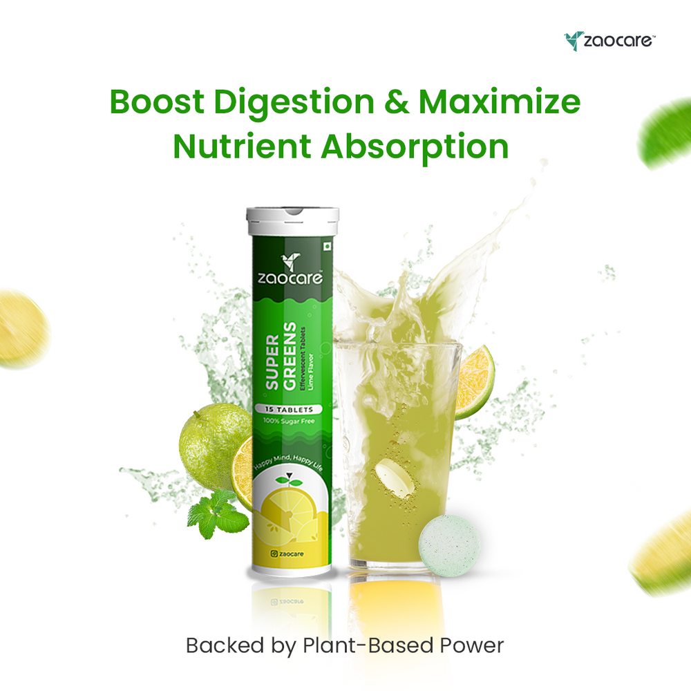 Zaocare Supergreen Effervescent Tablets For Tummy Fat Burn & Gut Detox | 100% Vegan - EarthBased