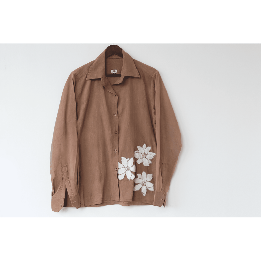 Ocassion wear beige shirt with white floral patterns with beaded details