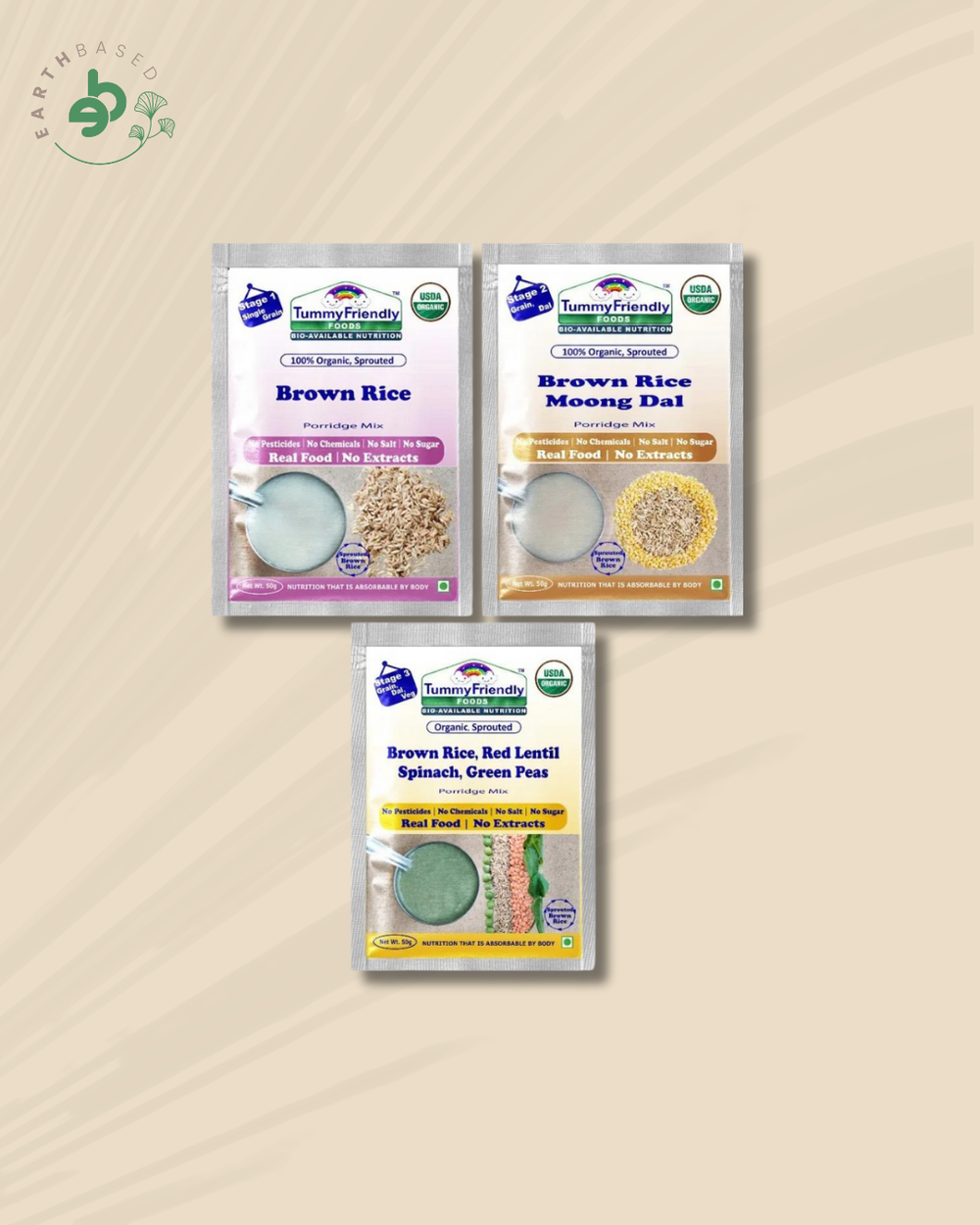 TummyFriendly Foods Certified Brown Rice Porridge Mixes - Stage1, Stage2, Stage3 | Rich in Gamma-Aminobutyric Acid (GABA), Protein |3 Packs, 50g Each Cereal (150 g, Pack of 3) - EarthBased