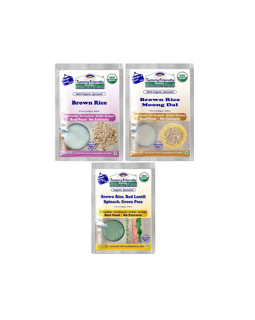 TummyFriendly Foods Certified Brown Rice Porridge Mixes - Stage1, Stage2, Stage3 | Rich in Gamma-Aminobutyric Acid (GABA), Protein |3 Packs, 50g Each Cereal (150 g, Pack of 3) - EarthBased