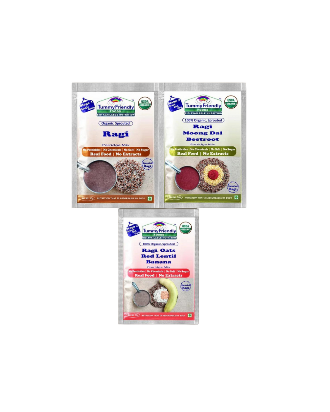 TummyFriendly Foods Certified Ragi Porridge Mixes - Stage1, Stage2, Stage3 | Rich in Calcium, Iron, Fibre & Micro-Nutrients |3 Packs, 50g Each Cereal (150 g, Pack of 3) - EarthBased