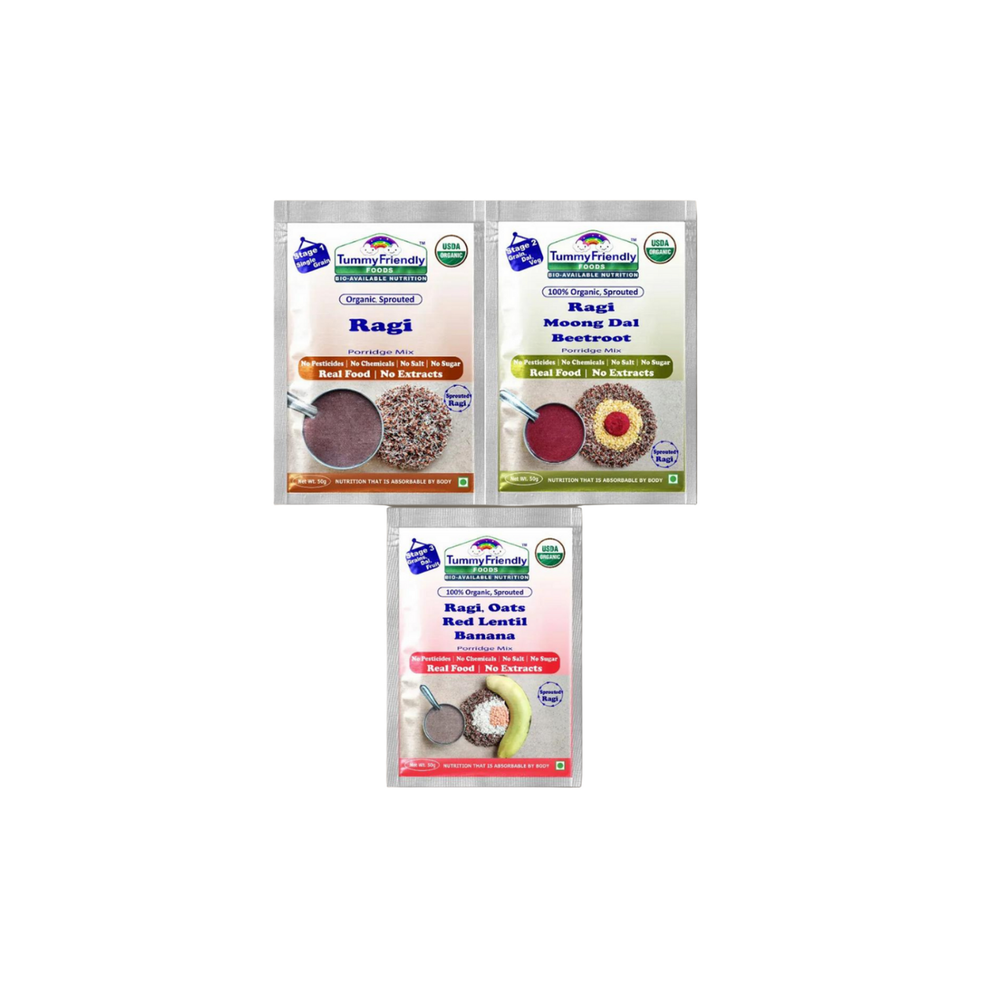 TummyFriendly Foods Certified Ragi Porridge Mixes - Stage1, Stage2, Stage3 | Rich in Calcium, Iron, Fibre & Micro-Nutrients |3 Packs, 50g Each Cereal (150 g, 2 x Pack of 3) - EarthBased