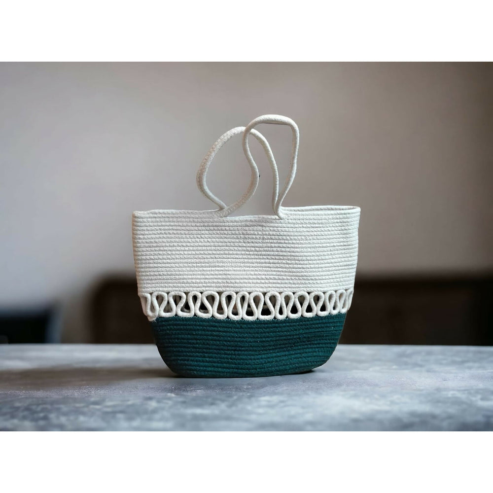 Cotton rope designer handbag in cream and green by ONEarth
