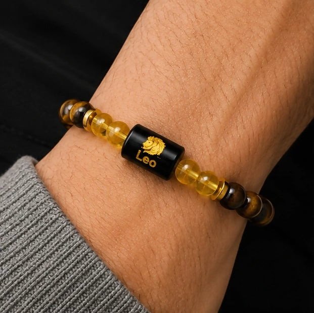 Leo Zodiac Tiger Eye & Citrine Gemstone Bracelet | Certified Natural Crystal Bracelet for Confidence, Leadership, Success & Prosperity
