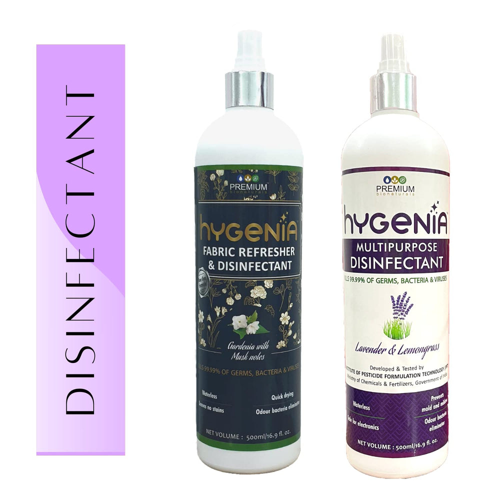 Hygenia Fabric Refresher Disinfectant & Multipurpose Disinfectant Combo - Gardenia & Musk | Lavender & Lemongrass 500ml - EarthBased