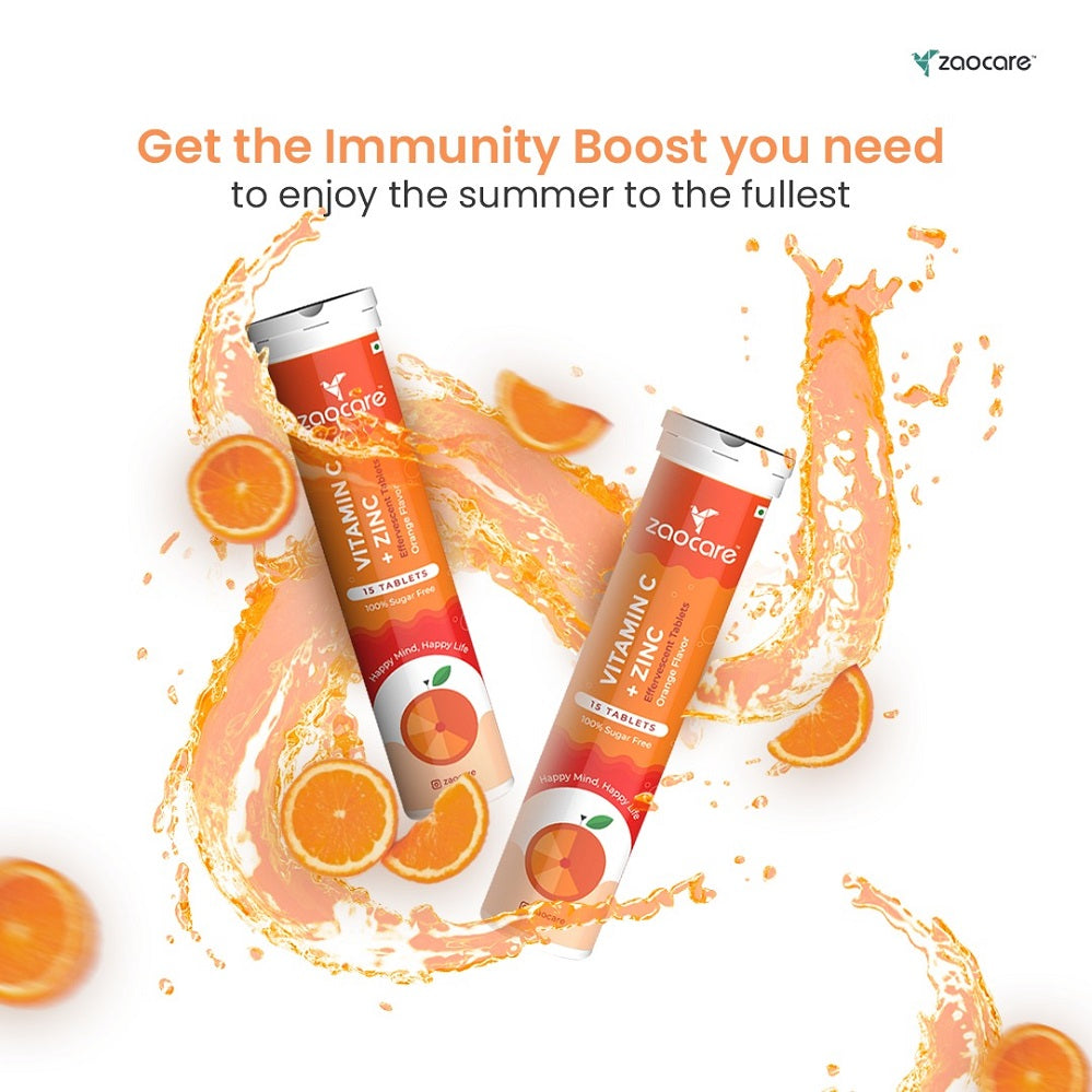 Zaocare Vitamin C & Zinc Effervescent Tablets For Glowing Skin | Immunity Booster | For Men & Women - EarthBased