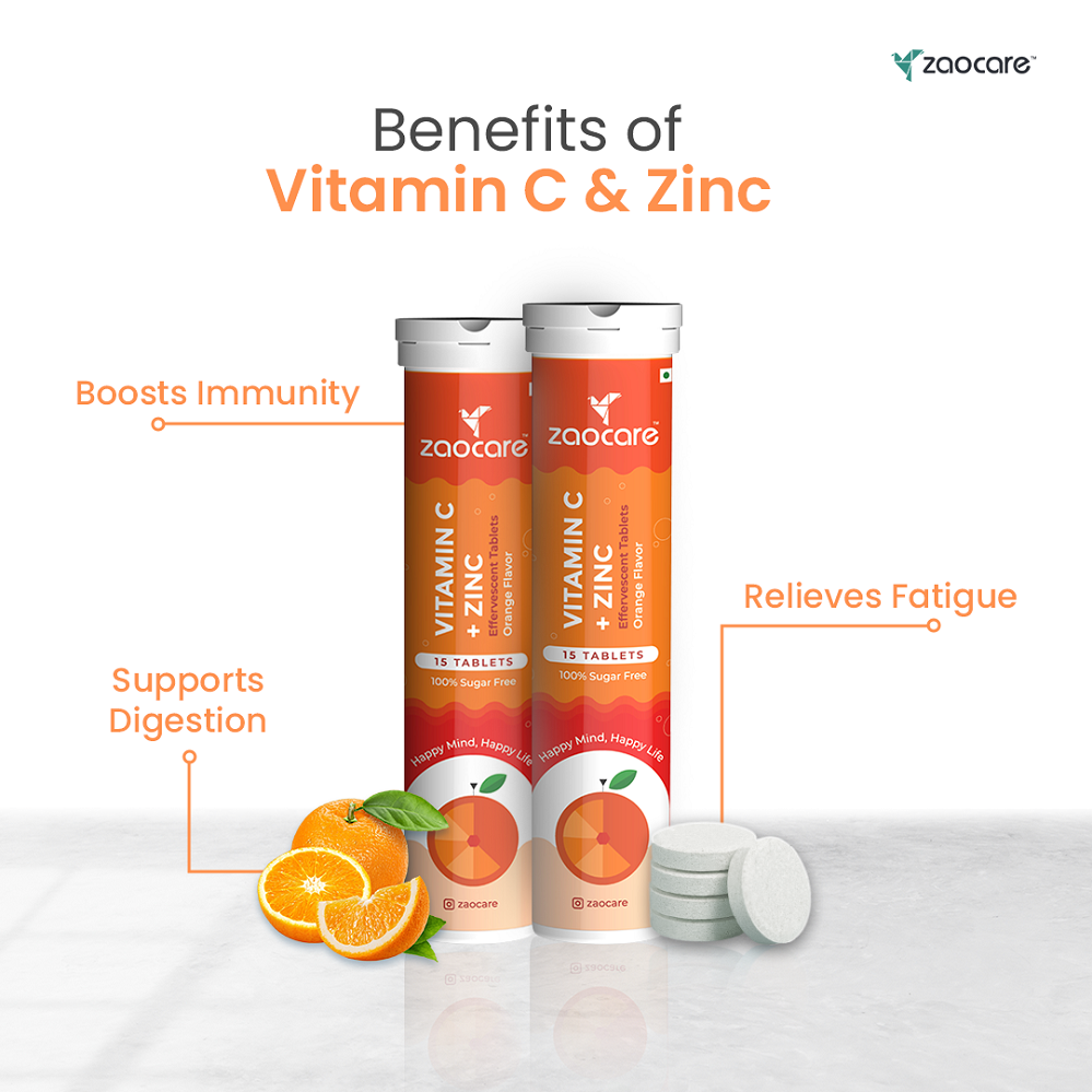 Zaocare Vitamin C & Zinc Effervescent Tablets For Glowing Skin | Immunity Booster | For Men & Women - EarthBased
