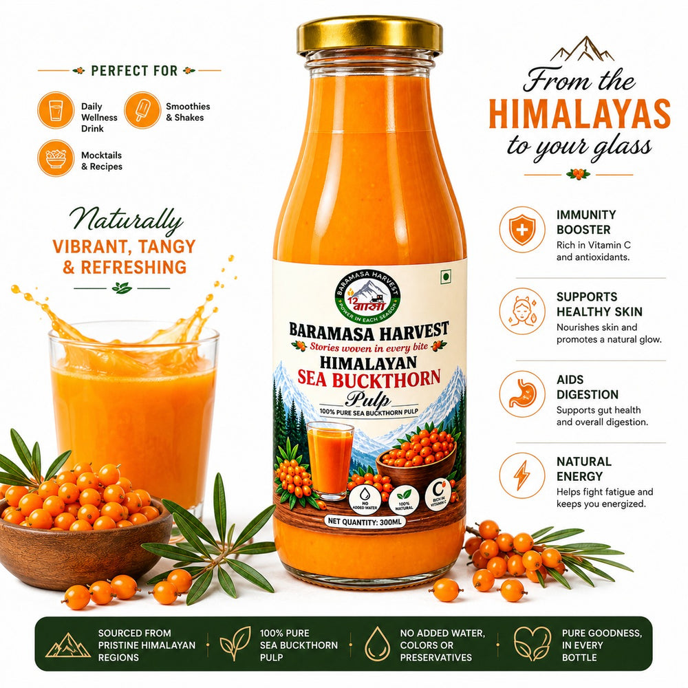 Baramasa Harvest sea buckthorn pulp bottle with a glass of sea buckthorn drink