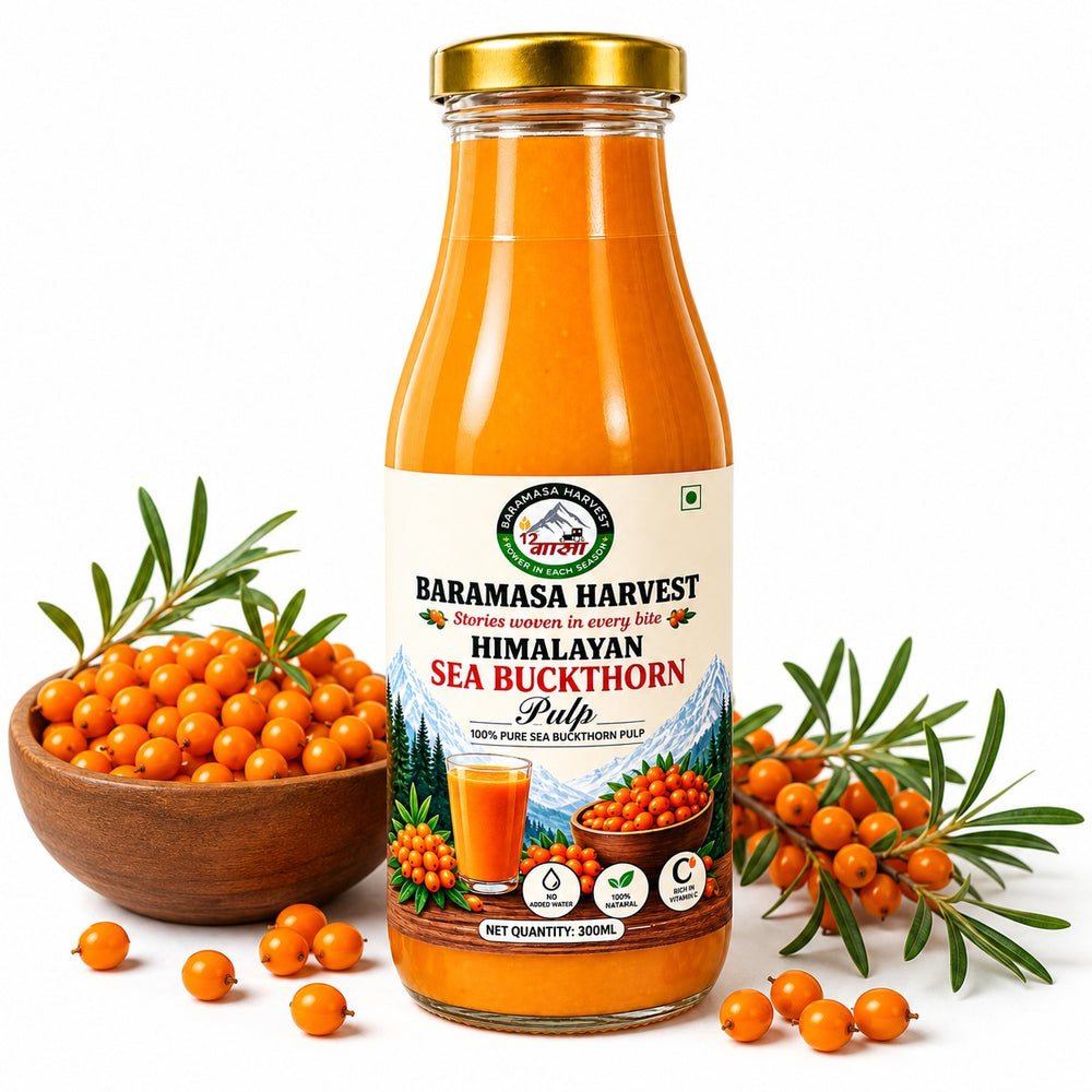 Baramasa Harvest Himalayan sea buckthorn pulp 300 ml glass bottle with fresh berries