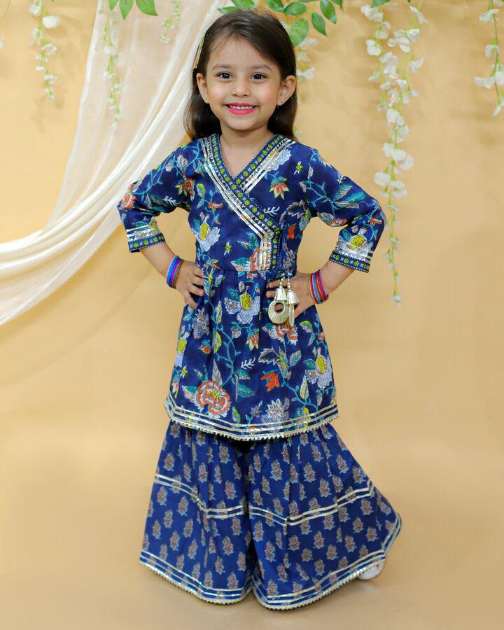 Kid’s Girls Pure Cotton Jaipur Block Printed Indian Ethnic Festive Party Wear Suit Sets | Blue - EarthBased