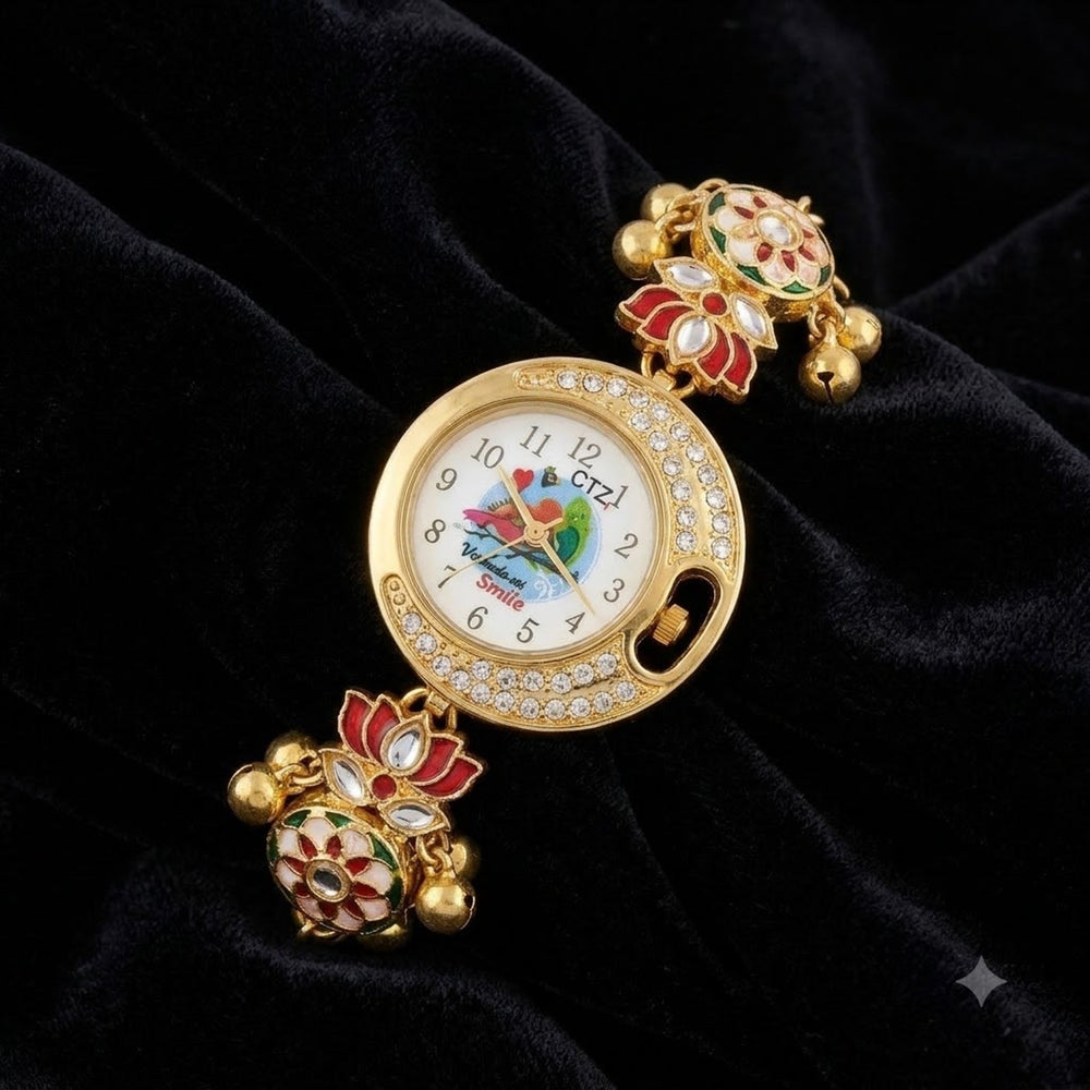 Kashmiri Meenakari Lotus Bracelet Watch on black velvet