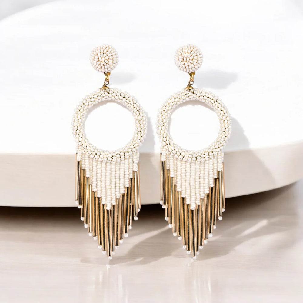 White Beaded Hoop Earrings with Gold Fringe – Elegant Statement Jewellery - EarthBased