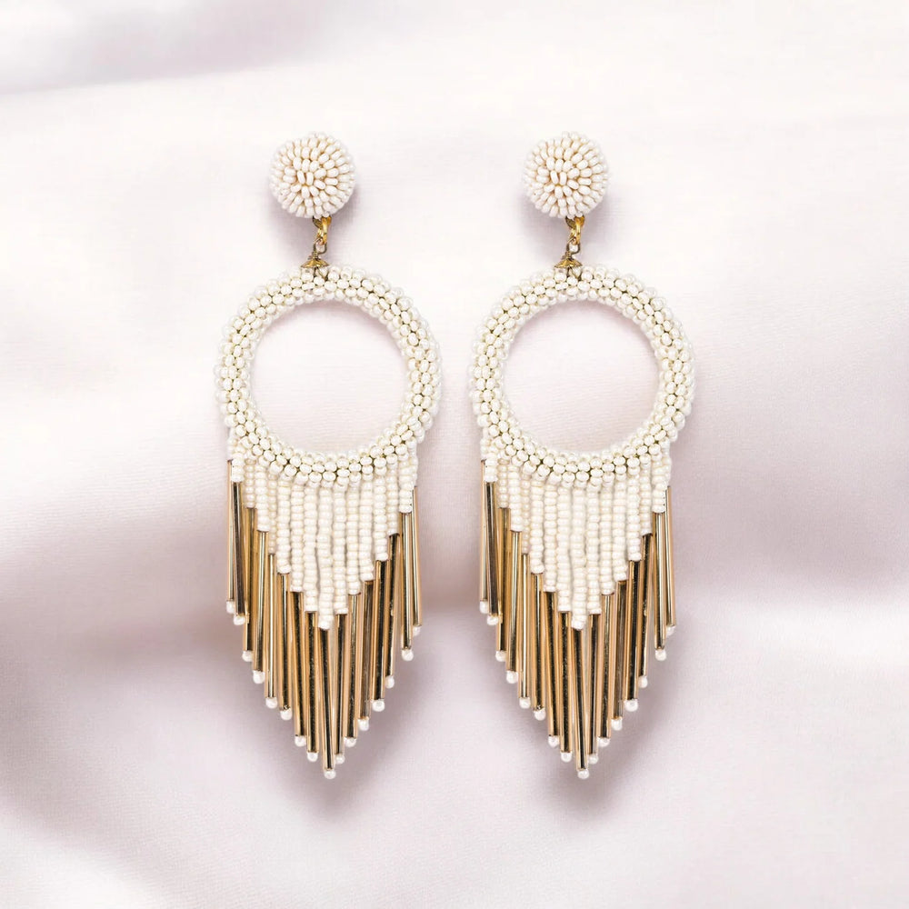 White Beaded Hoop Earrings with Gold Fringe – Elegant Statement Jewellery - EarthBased