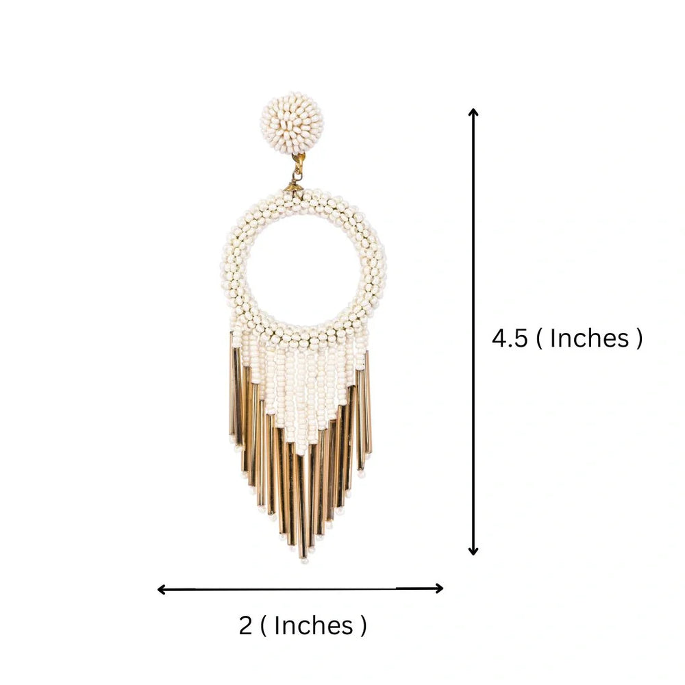 White Beaded Hoop Earrings with Gold Fringe – Elegant Statement Jewellery - EarthBased