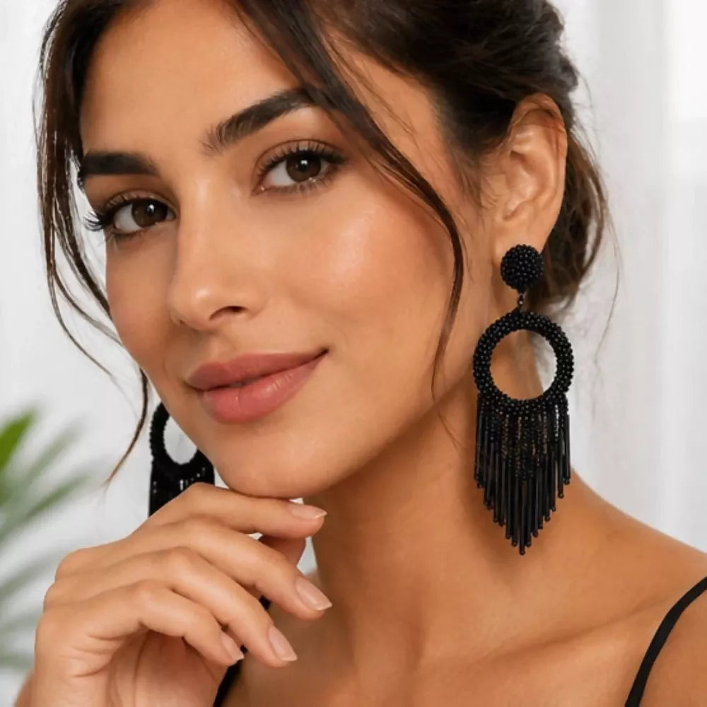 Black beaded hoop earrings with black fringe by Bamboology