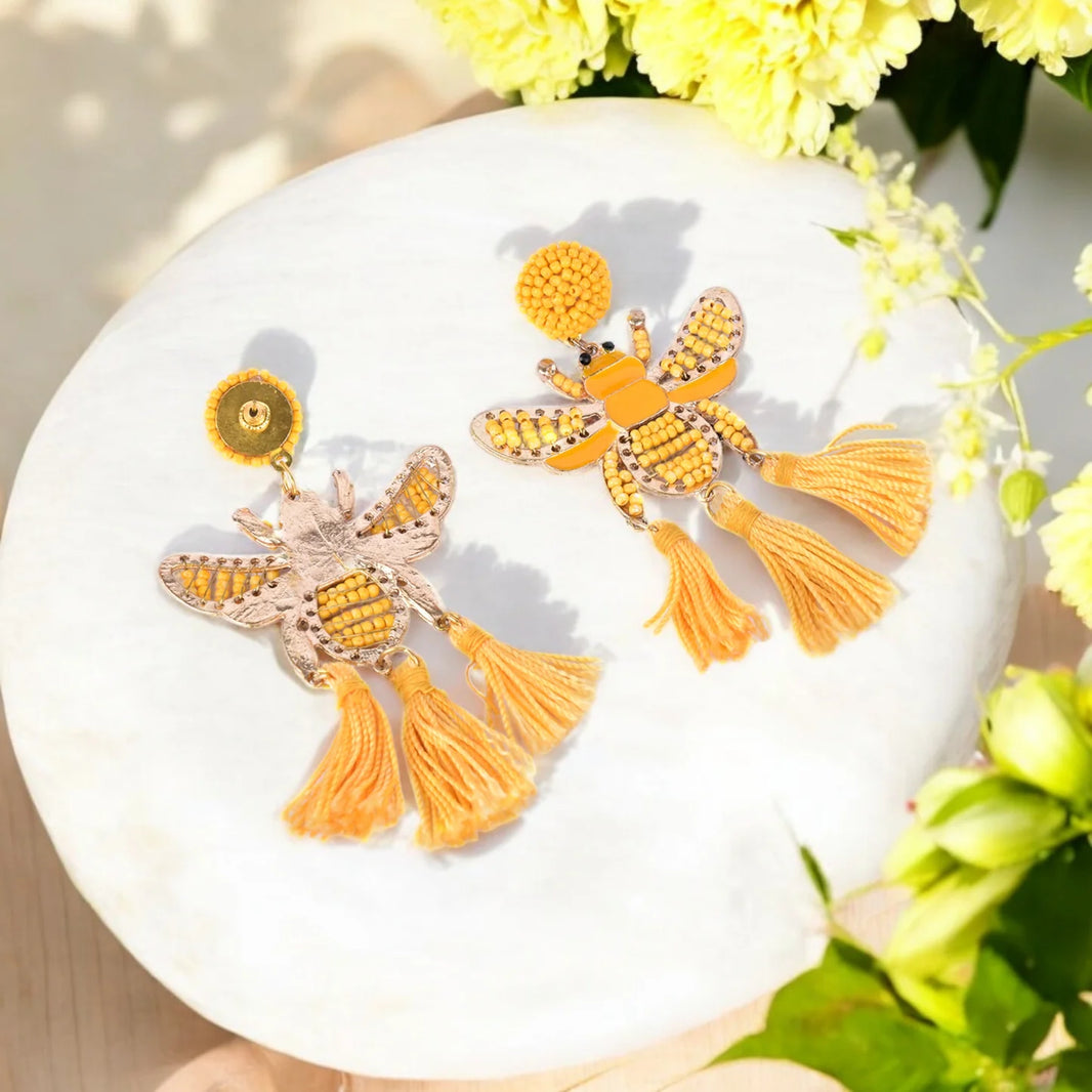 Yellow Beaded Bee Earrings with Tassel Accents – Statement Jewelry for a Bold Look - EarthBased