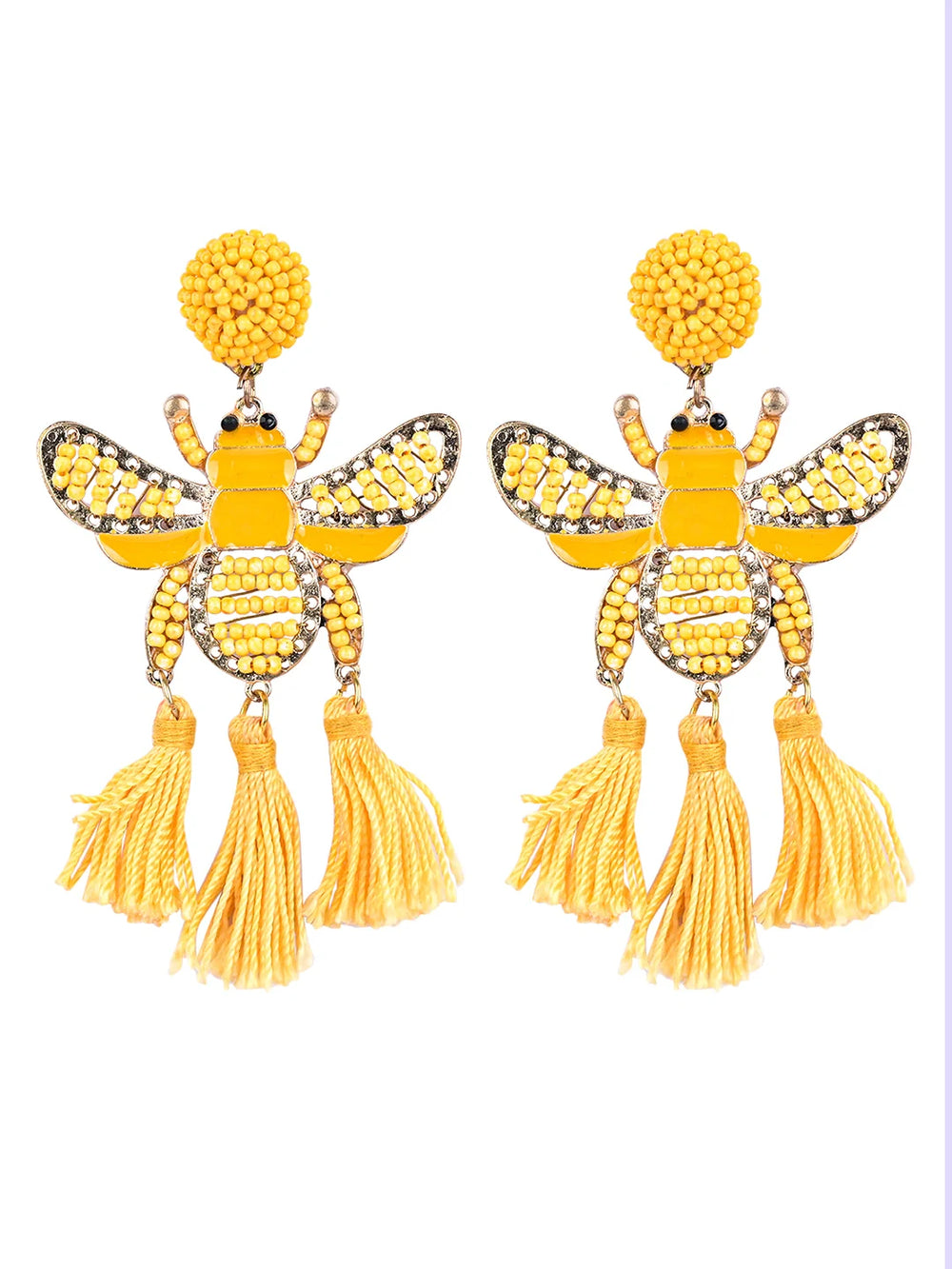 Yellow Beaded Bee Earrings with Tassel Accents – Statement Jewelry for a Bold Look - EarthBased