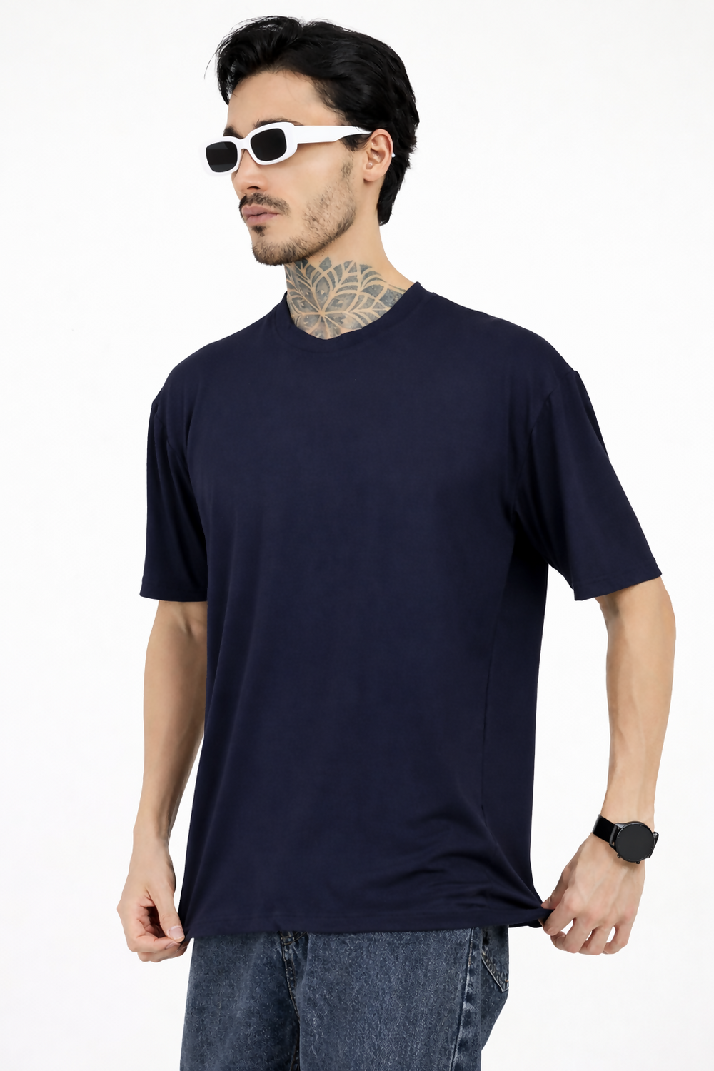 Men Oversized Plain Bamboo T-Shirt – Soft, Breathable & Sustainable | Navy - EarthBased