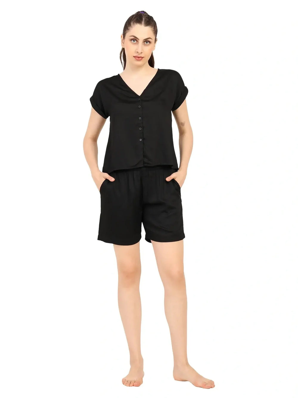Women’s Modal Satin Night Suit – 2PC Soft Shirt & Shorts Sleepwear | Black - EarthBased