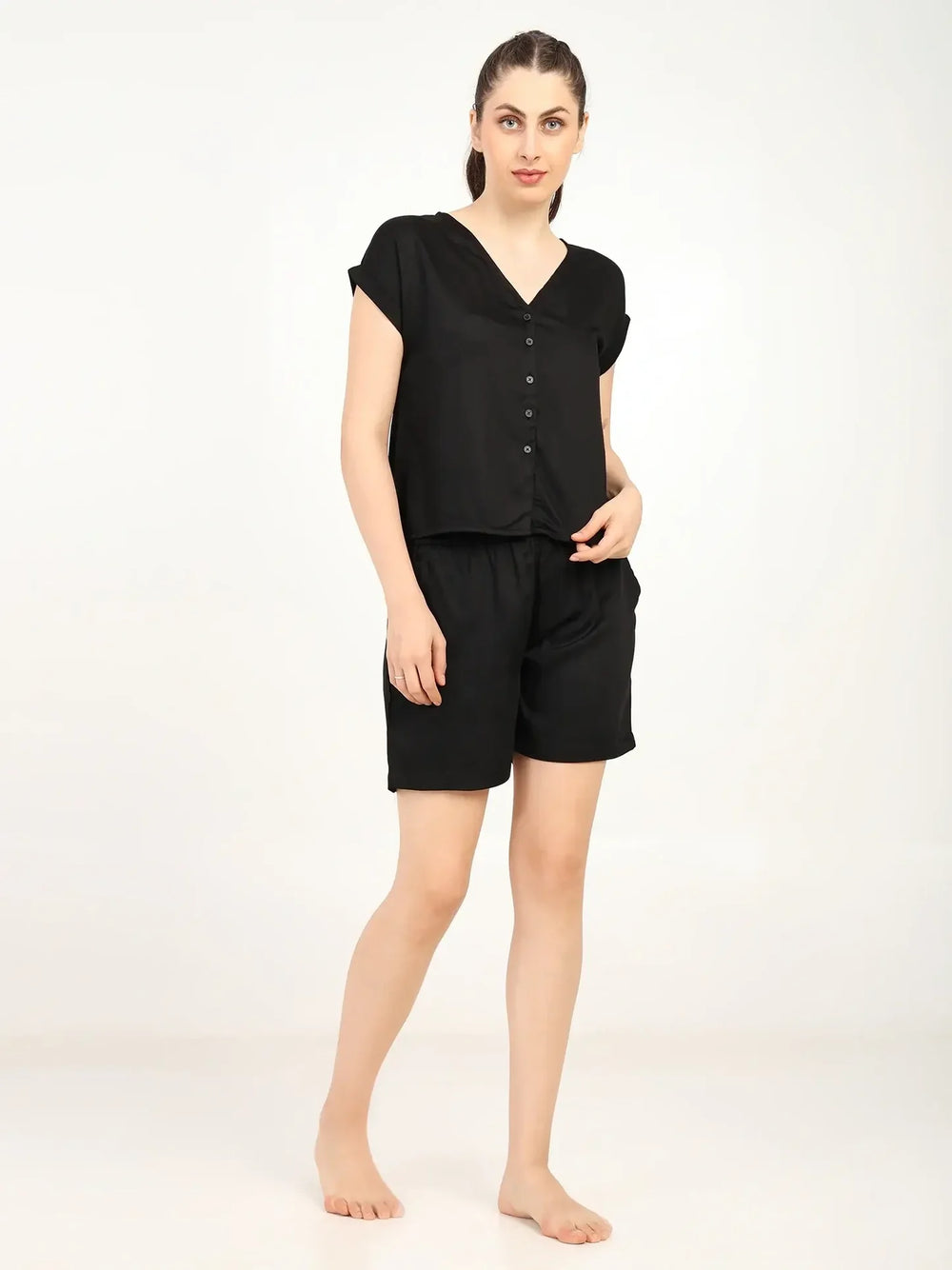 Women’s Modal Satin Night Suit – 2PC Soft Shirt & Shorts Sleepwear | Black - EarthBased