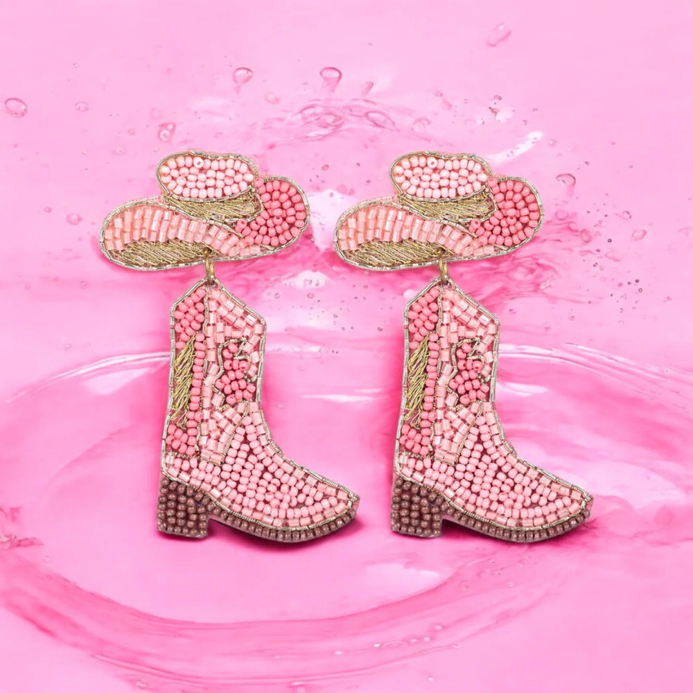 Pink Beaded Cowboy Boot and Hat Statement Earrings - EarthBased