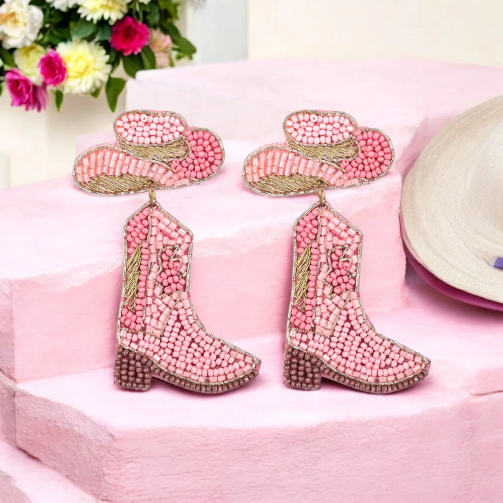 Pink Beaded Cowboy Boot and Hat Statement Earrings - EarthBased